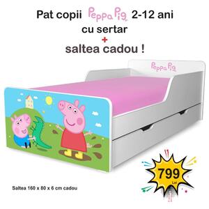 Pat copii Peppa Pig 2-12 ani cu sertar si saltea cadou - PC-P-MK-SRT-PEP-80