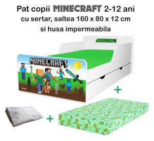 Pat copii Minecraft 2-12 ani cu sertar, saltea si husa impermeabila - PC-P-PR-MCF-SRT-80