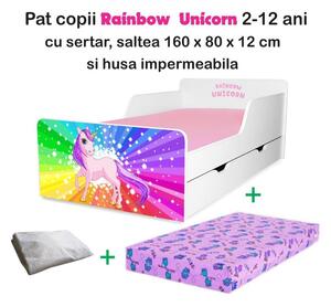 Pat copii Rainbow Unicorn 2-12 ani cu sertar, saltea si husa impermeabila - PC-P-PR-RUNC-SRT-80
