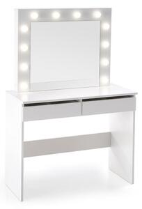 Masa de machiaj din pal cu oglinda, 2 sertare si LED inclus, Hollywood Alb, L94xl43xH140 cm
