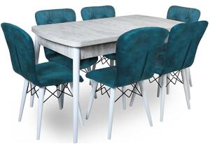 Set masa extensibila cu 6 scaune tapitate Homs cristal bej-blue-picior-alb-170 x 80 cm