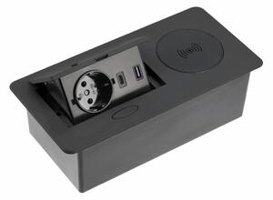 Priza incorporabila AVARO PLUS 1xSCHUKO, USB A+C, incarcare WIRELESS, cablu 1.5 ml, negru