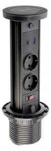 Priza incorporabila CAMINO 80 mm, 2xSHUKO, USB A+C, incarcare WIRELESS, cablu 1.5 ml, negru
