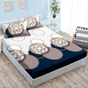 Husa de pat, finet, 180x200cm, 2 persoane, 3 piese, cu elastic, crem si albastru, cu model cercuri, HPF322
