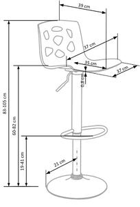 Scaun de bar din plastic cu picior metalic, Hoku-48 Alb / Crom, l37xA39xH83-105 cm