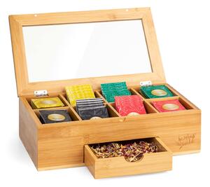 Klarstein Cutie pentru ceai cu compartiment suplimentar, 8 compartimente interioare, 120 pliculețe de ceai, fereastră din plastic, bambus