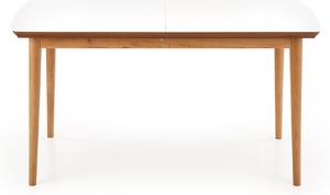 Set masa extensibila din MDF si lemn, Brayden Alb / Stejar Lefkas + 4 Scaune tapitate cu stofa si picioare din lemn, Kai-282 Gri / Natural, L140-185xl80xH75 cm