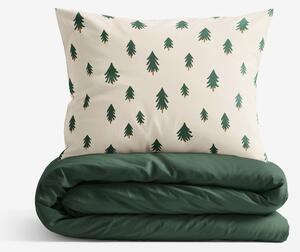 Goldea lenjerie de pat din 100% bumbac duo - brazi pe bej natural cu verde închis 140 x 200 și 50 x 70 cm