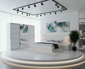 Set Mobila De Dormitor Eric Alb Cu Extensii, pat Eric cu extensii tapitat Alb 160x200cm, dulap Alb 250cm, 2 noptiere tapitate si saltea 160x200cm