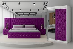Set Mobila De Dormitor Eric Mov Cu Extensii, pat Eric cu extensii tapitat Mov 160x200cm, dulap usa tapitata 150cm, 2 noptiere tapitate si saltea