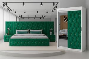 Set Mobila De Dormitor Eric Verde Cu Extensii, pat Eric cu extensii tapitat Verde 160x200cm, dulap usa tapitata 150cm, 2 noptiere tapitate si saltea