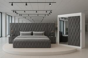 Set Mobila De Dormitor Eric Gri Cu Extensii, pat Eric cu extensii tapitat Gri 160x200cm, dulap usa tapitata 150cm, 2 noptiere tapitate si saltea