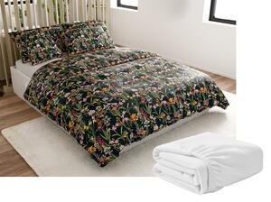Set Lenjerie cocolino MYSTIC GARDEN verde inchis + Cearsaf Cocolino microplus cu elastic SOFT 90x200 cm alb, pentru pat de o persoana