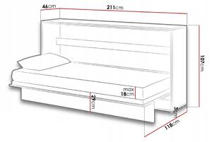 Pat rabatabil pe perete, cu mecanism pneumatic si somiera inclusa, Bed Concept Horizontal Alb Mat, 200 x 90 cm