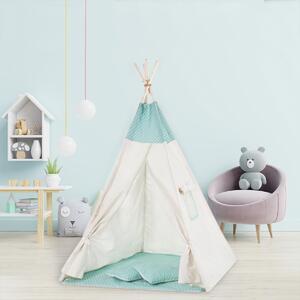 Cort copii stil indian Teepee Tent Turqoise Stars, include covoras gros si 2 perne, stabilizator cadou