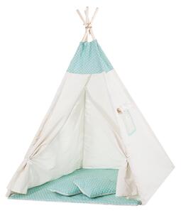 Cort copii stil indian Teepee Tent Turqoise Stars, include covoras gros si 2 perne, stabilizator cadou