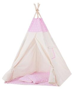 Cort copii stil indian Teepee Tent Pink Stars, include salteluta si 2 pernute, stabilizator cadou