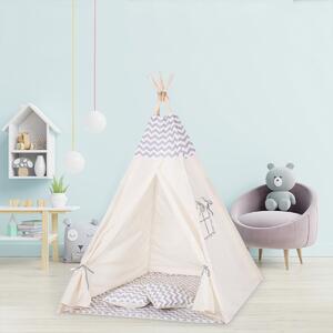Cort copii stil indian Teepee Tent ZigZag Grey, include covoras gros si 2 perne, stabilizator cadou
