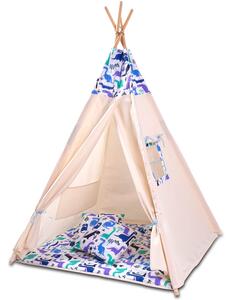 Cort copii stil indian Teepee Tent Kidizi Blue Dino, include covoras gros si 2 perne, stabilizator cadou
