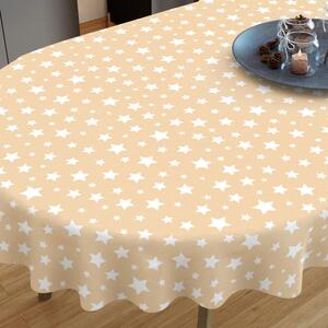 Goldea față de masă decorativă loneta - model 360 - steluțe albe pe bej - ovală 120 x 160 cm