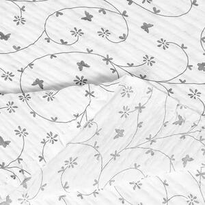 Goldea țesătură creponată - flori și fluturi gri pe alb 145 cm
