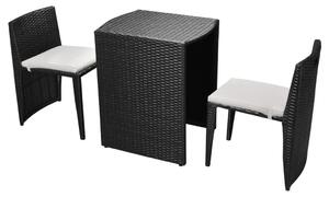Set mobilier bistro cu perne, 3 piese, negru, poliratan