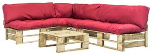 Set mobilier de grădină din paleți cu perne roșii 4 piese, lemn