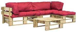 Set mobilier de grădină din paleți cu perne roșii 4 piese, lemn