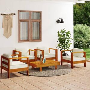 Set mobilier grădină cu perne alb crem, 5 piese, lemn masiv