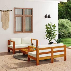 Set mobilier grădină cu perne alb crem, 3 piese, lemn masiv