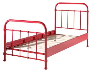 Set Mobila dormitor din lemn de pin si MDF cu pat metalic, pentru copii 3 piese New York Rosu / Natural, 200 x 90 cm