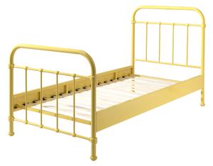 Set Mobila dormitor din lemn de pin si MDF cu pat metalic, pentru copii 3 piese New York Galben / Natural, 200 x 90 cm