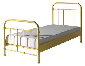Set Mobila dormitor din lemn de pin si MDF cu pat metalic, pentru copii 3 piese New York Galben / Natural, 200 x 90 cm