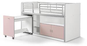 Pat etajat din pal si metal cu birou incorporat si 2 usi, pentru copii Bonny Alb / Roz, 200 x 90 cm