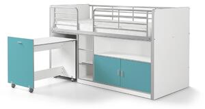 Pat etajat din pal si metal cu birou incorporat si 2 usi, pentru copii Bonny Alb / Turcoaz, 200 x 90 cm