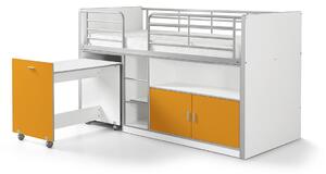 Pat etajat din pal si metal cu birou incorporat si 2 usi, pentru copii Bonny Alb / Portocaliu, 200 x 90 cm