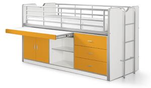 Pat etajat din pal si metal cu birou incorporat si 3 sertare, pentru copii Bonny Alb / Portocaliu, 200 x 90 cm