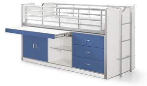 Pat etajat din pal si metal cu birou incorporat si 3 sertare, pentru copii Bonny Alb / Albastru, 200 x 90 cm