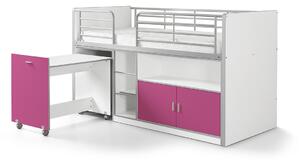 Pat etajat din pal si metal cu birou incorporat si 2 usi, pentru copii Bonny Alb / Fucsia, 200 x 90 cm