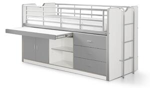 Pat etajat din pal si metal cu birou incorporat si 3 sertare, pentru copii Bonny Alb / Gri, 200 x 90 cm