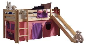 Pat etajat din lemn de pin, cu tobogan pentru copii Pino Bella Pink Natural, 200 x 90 cm