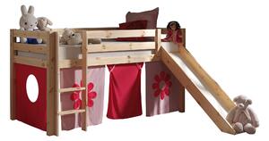 Pat etajat din lemn de pin, cu tobogan pentru copii Pino Pink Flower Natural, 200 x 90 cm