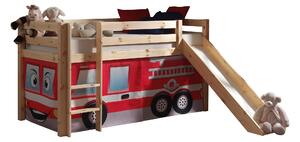 Pat etajat din lemn de pin, cu tobogan pentru copii Pino Fire Rescue Natural, 200 x 90 cm