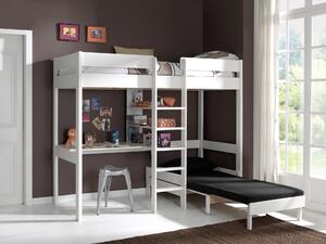 Pat etajat din lemn de pin si MDF cu birou si fotoliu extensibil, pentru copii Pino Mezzanine Alb, 200 x 90 cm
