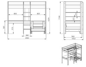 Pat etajat din lemn de pin si MDF cu birou si fotoliu extensibil, pentru copii Pino Mezzanine Alb, 200 x 90 cm