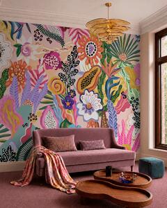 Tapet Motiv tropical plin de viață, cu flori, frunze și fructe colorate, Fototapet Flori, w05815 : Uwalls.ro