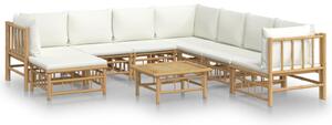 Set mobilier de grădină, cu perne alb crem, 9 piese, bambus