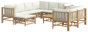 Set mobilier de grădină, cu perne alb crem, 10 piese, bambus