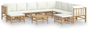 Set mobilier de grădină, cu perne alb crem, 11 piese, bambus