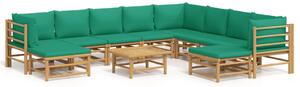 Set mobilier de grădină cu perne verzi, 11 piese, bambus